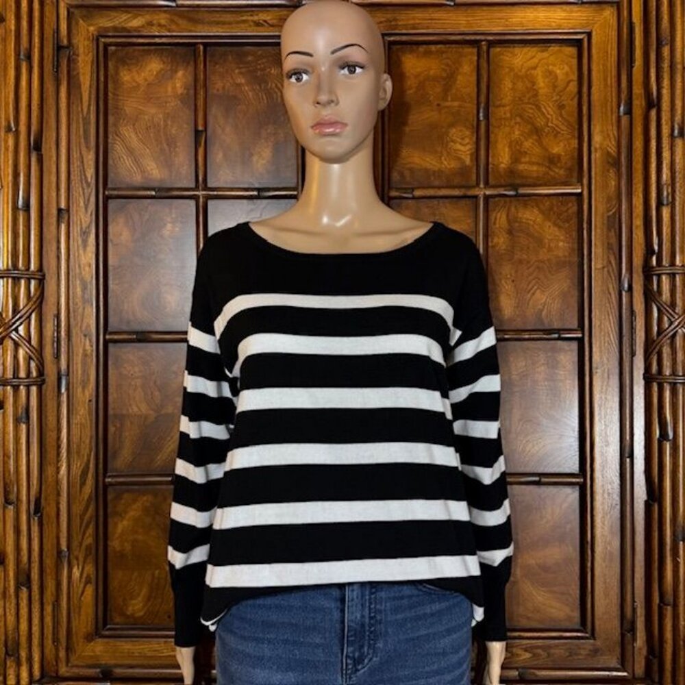 Nina Leonard Black Cotton Blend Stripe Sweater